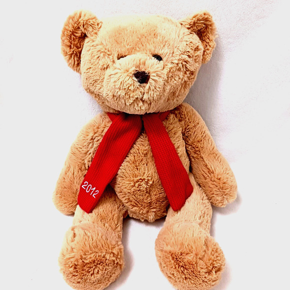 2012 Kohls Plush Teddy Bear 13" Sitting Huggable Toy Beige Tan w Scarf Nostalgia - Picture 5 of 16